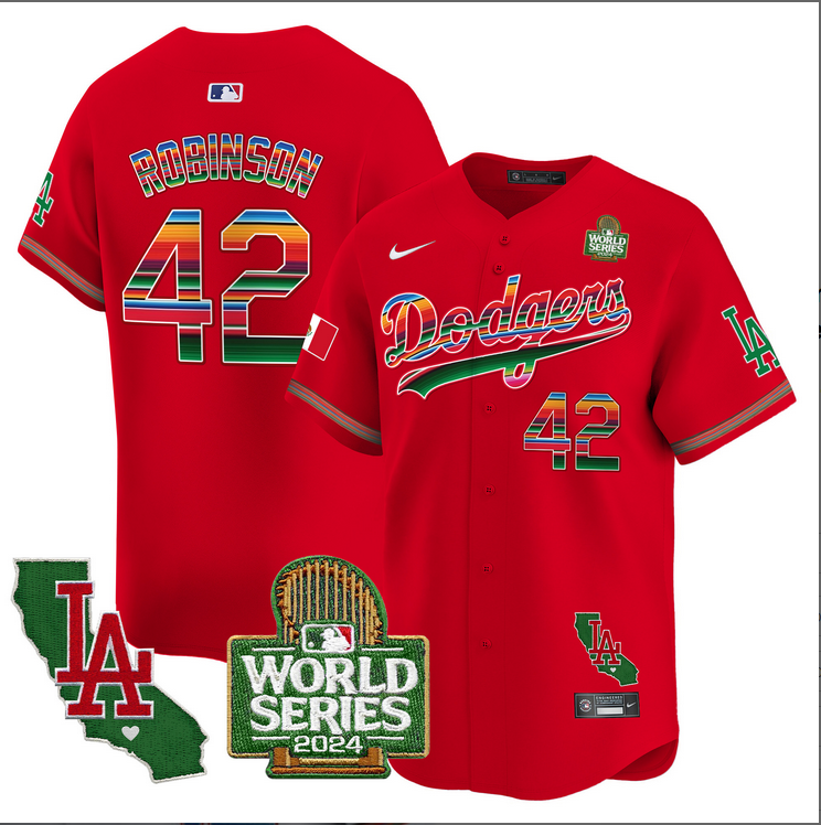 Men MLB Mexico Los Angeles Dodgers 42 Robinson red 2024 World Series Champions Patch Jersey 20241105